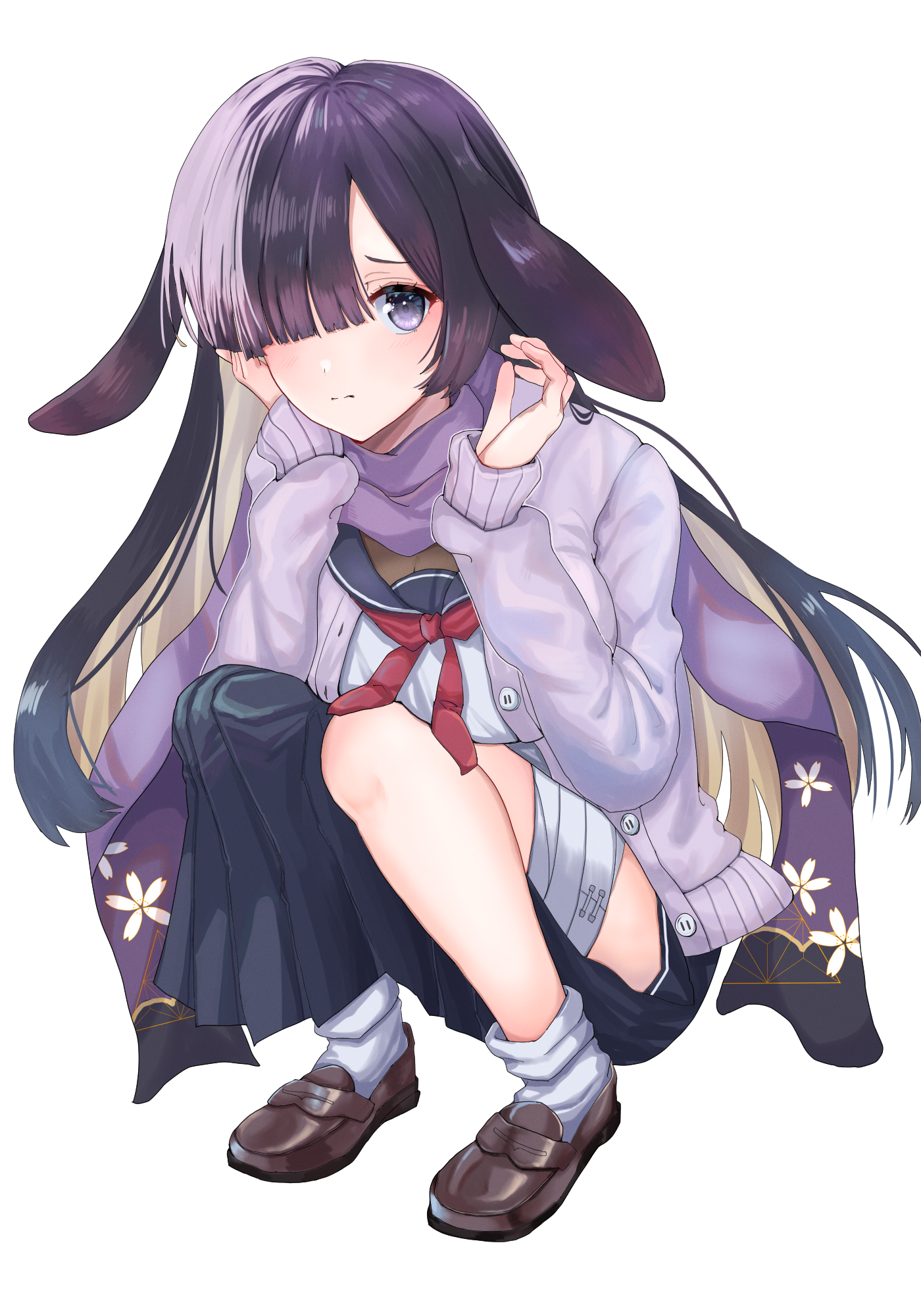 dinotodon, tsukuyo (blue archive), blue archive, commentary request, commission, highres, skeb commission, 1girl, :|, animal ears, bandaged leg, bandages, black skirt, blue sailor collar, blunt bangs, blush, boots, breasts, brown boots, cardigan, closed mouth, collared shirt, eyelashes, floral print, full body, hair over one eye, hand on own face, hands up, loafers, long hair, long skirt, long sleeves, looking at viewer, lop rabbit ears, medium breasts, open cardigan, open clothes, parted bangs, purple cardigan, purple hair, purple scarf, rabbit ears, rabbit girl, sailor collar, scarf, shirt, shoes, side slit, simple background, skirt, solo, squatting, straight hair, white background, white shirt