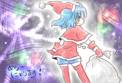 korona, kawashiro nitori, touhou, translated, 1girl, christmas, female focus, santa costume, solo, thighhighs, two side up