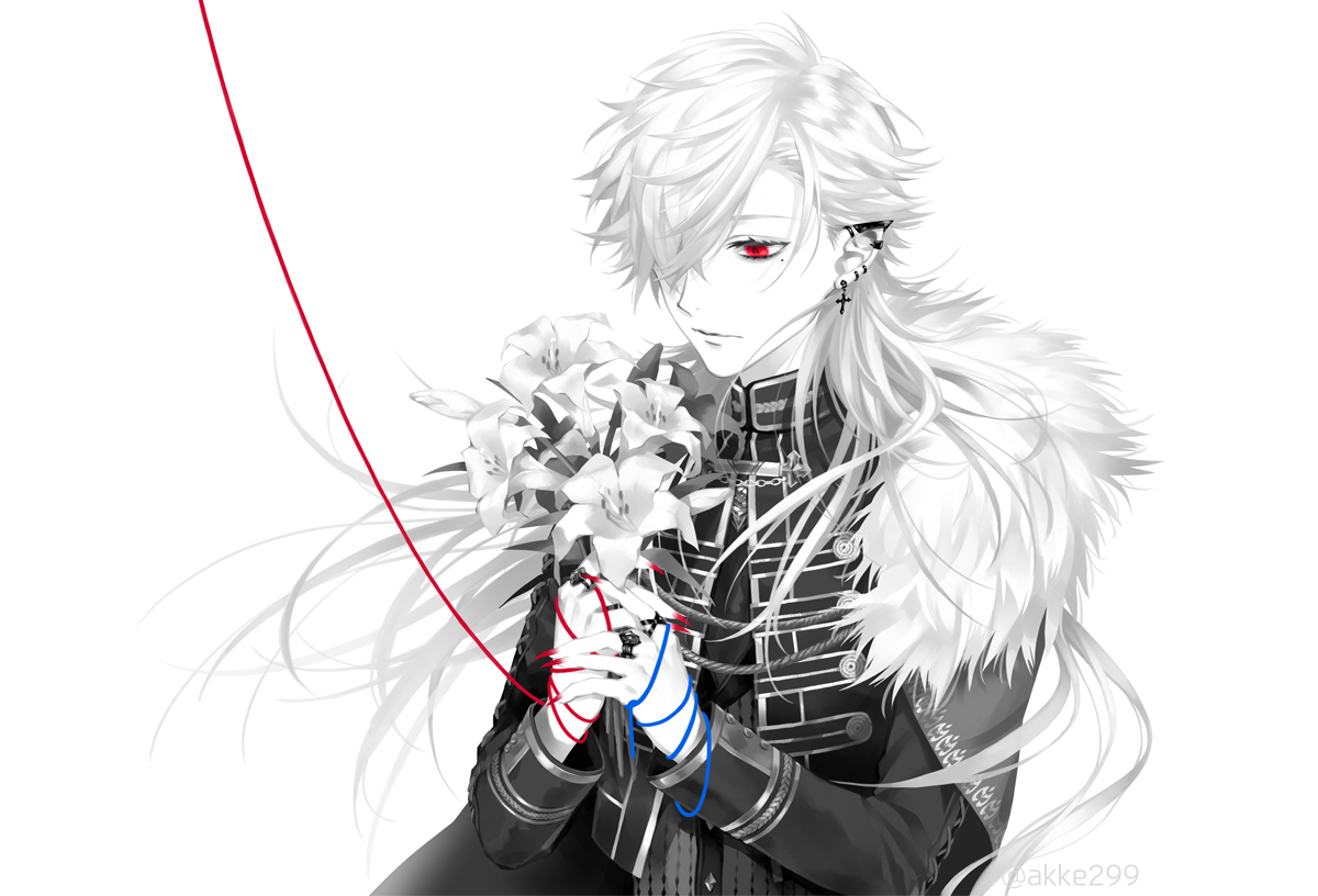 akke (akke299), kuzuha (nijisanji), nijisanji, official art, 1boy, blue string, cape, closed mouth, ear piercing, earrings, fingernails, flower, fur-trimmed cape, fur trim, greyscale, hair over one eye, holding, holding flower, jacket, jewelry, lily (flower), long hair, long sleeves, male focus, mole, mole under eye, monochrome, nail polish, parted lips, piercing, pointy ears, red eyes, ring, shirt, simple background, solo, spot color, string, string around finger, string of fate, turtleneck, upper body, virtual youtuber, white background, white hair