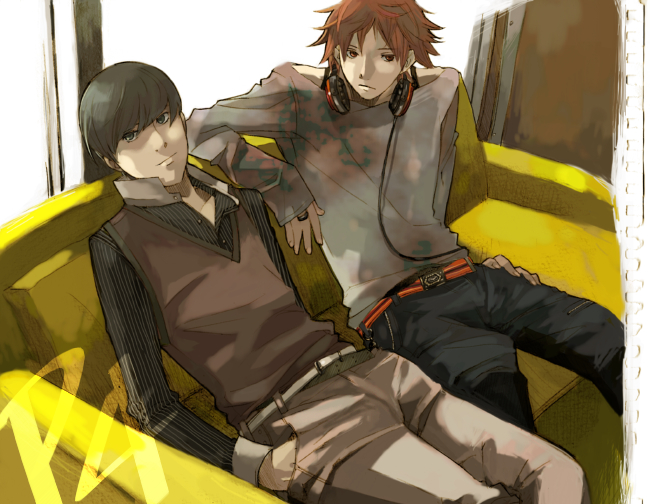 kazuki (kazu-king), hanamura yousuke, narukami yu, atlus, persona, persona 4, bad id, bad pixiv id, 2boys, belt, brown hair, casual, couch, grey hair, headphones, headphones around neck, male focus, multiple boys