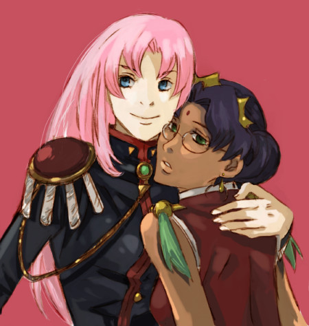 kazuki (kazu-king), himemiya anthy, tenjou utena, shoujo kakumei utena, bad id, bad pixiv id, lowres, 1990s (style), 2girls, aiguillette, blue eyes, crown, epaulettes, glasses, green eyes, multiple girls, pink hair, tan
