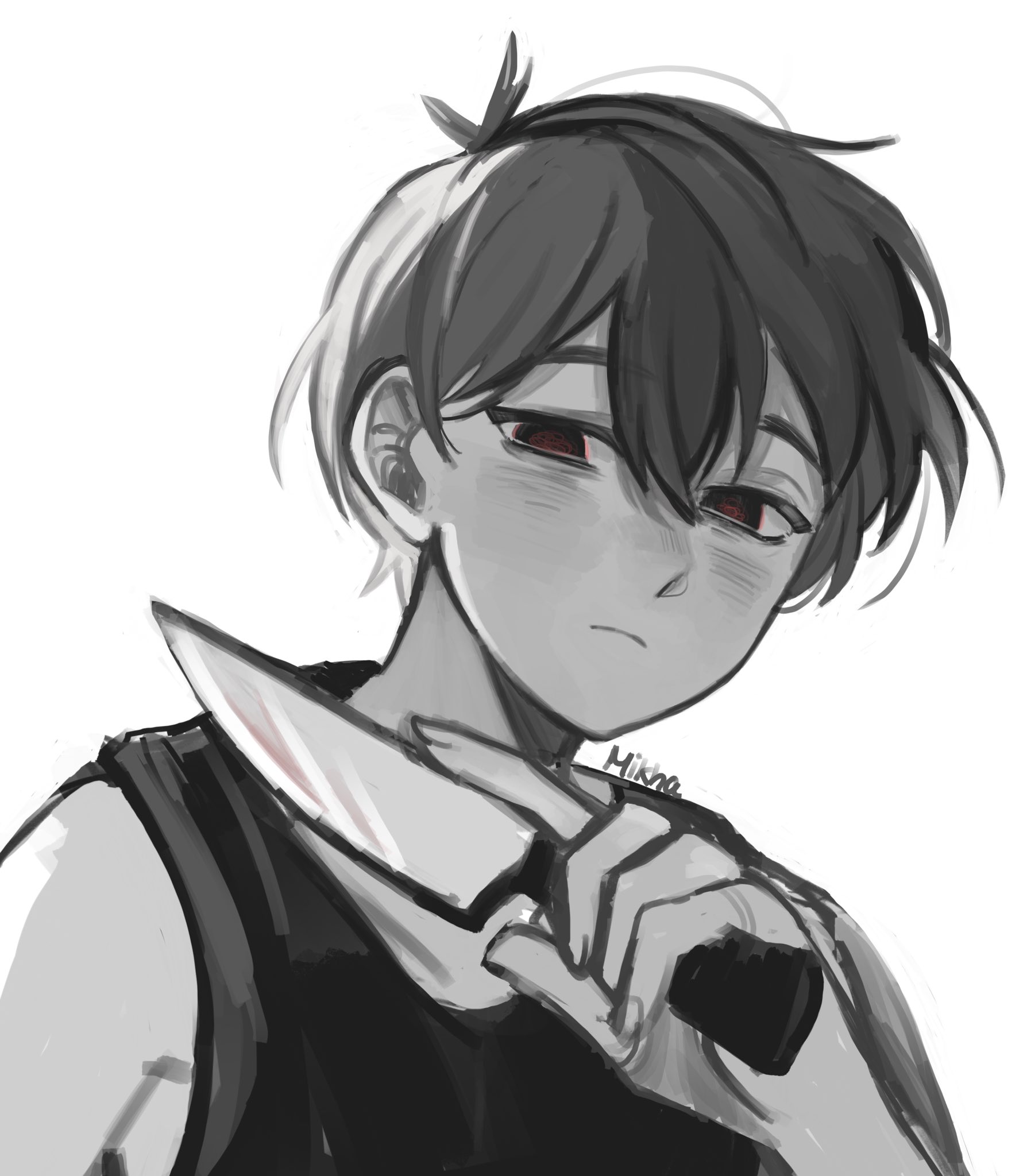 mikhamii, omori (omori), omori, commentary, english commentary, highres, 1boy, antenna hair, artist name, bags under eyes, bare shoulders, bright pupils, closed mouth, double-parted bangs, fingernails, from below, frown, greyscale, hair behind ear, hair between eyes, half-closed eyes, hand up, holding, holding knife, knife, looking at viewer, monochrome, red pupils, shirt, short hair, simple background, sleeveless, sleeveless shirt, solo, spot color, upper body, very short hair, white background