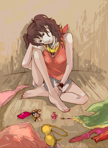 kazuki (kazu-king), kujikawa rise, atlus, persona, persona 4, bad id, bad pixiv id, 1girl, barefoot, bra, cellphone, feet, female focus, lingerie, nail polish, phone, pink nails, short shorts, shorts, sitting, solo, toenail polish, toenails, twintails, underwear