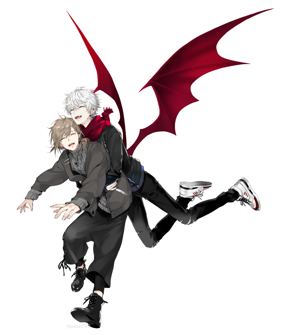 akke (akke299), kanae (nijisanji), kuzuha (nijisanji), nijisanji, official art, 2boys, :d, ^ ^, ahoge, bat wings, black boots, black jacket, black pants, boots, brown hair, cable knit, closed eyes, collared shirt, demon wings, ear piercing, earrings, fangs, fingernails, full body, grey jacket, grey shirt, grey sweater, hair between eyes, hug, hug from behind, jacket, jewelry, laughing, long fingernails, long hair, long sleeves, low ponytail, male focus, mole, mole under eye, multiple boys, necklace, open clothes, open jacket, open mouth, pants, piercing, pointy ears, ponytail, red scarf, red wings, scarf, sharp fingernails, shirt, shoes, simple background, sleeves past wrists, smile, sneakers, sweater, teeth, torn clothes, torn pants, turtleneck, turtleneck sweater, twitter username, vampire, virtual youtuber, white background, white hair, white shoes, wings