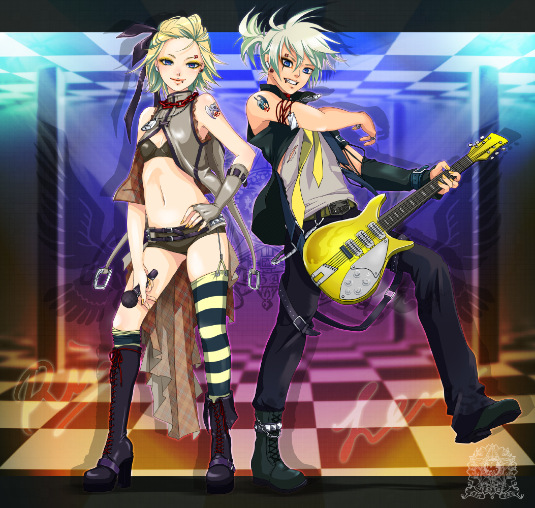 momopanda, kagamine len, kagamine rin, magane len, magane rin, vocaloid, 1boy, 1girl, asymmetrical clothes, belt, blonde hair, blue eyes, boots, brother and sister, ear piercing, face piercing, fingerless gloves, gloves, guitar, instrument, jewelry, legs, lip piercing, lock, microphone, midriff, navel, piercing, ring, short hair, siblings, single thighhigh, striped clothes, striped thighhighs, tattoo, thighhighs, twins