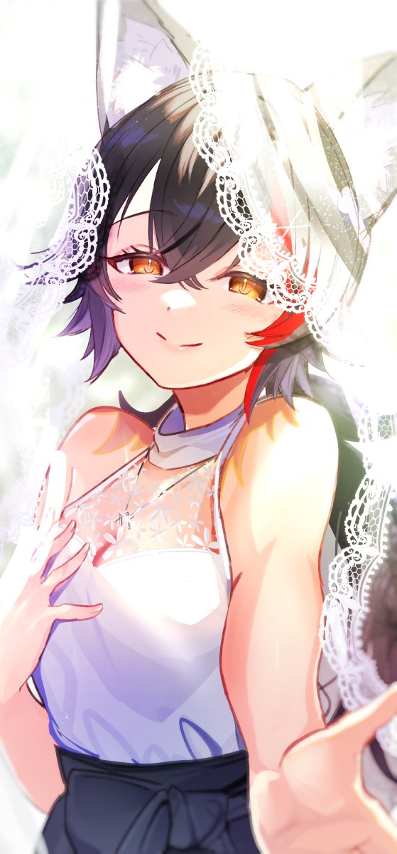 gakuon (gakuto), ookami mio, ookami mio (street), hololive, commentary request, highres, 1girl, animal ear fluff, animal ears, backlighting, bare arms, bare shoulders, black hair, crossed bangs, hair between eyes, half-closed eyes, hand on own chest, long hair, looking at viewer, multicolored hair, reaching, reaching towards viewer, red hair, shirt, sleeveless, sleeveless shirt, smile, solo, streaked hair, upper body, very long hair, white background, white shirt, wolf ears, wolf girl