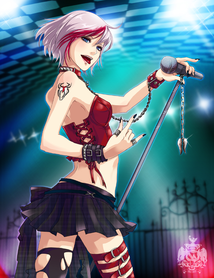 momopanda, meiko (vocaloid), sakerune meiko, vocaloid, 1girl, n/, asymmetrical legwear, belt, black nails, blue eyes, chain, choker, eyeshadow, female focus, jewelry, leather, makeup, microphone, microphone stand, midriff, mismatched legwear, multicolored hair, nail polish, piercing, pink hair, ring, short hair, solo, tattoo, thigh strap, thighhighs, tongue piercing, torn clothes, torn thighhighs, two-tone hair, wristband