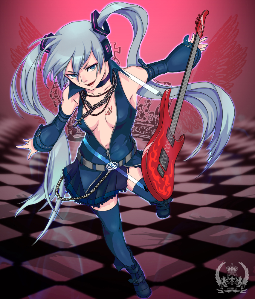 momopanda, hagane miku, hatsune miku, hagane vocaloid, vocaloid, silver hair, 1girl, belt, blouse, blue eyes, chain, checkered floor, choker, cross, detached sleeves, female focus, guitar, instrument, long hair, miniskirt, navel, open clothes, open shirt, shirt, skirt, smile, solo, thighhighs, twintails, vanishing point, zettai ryouiki