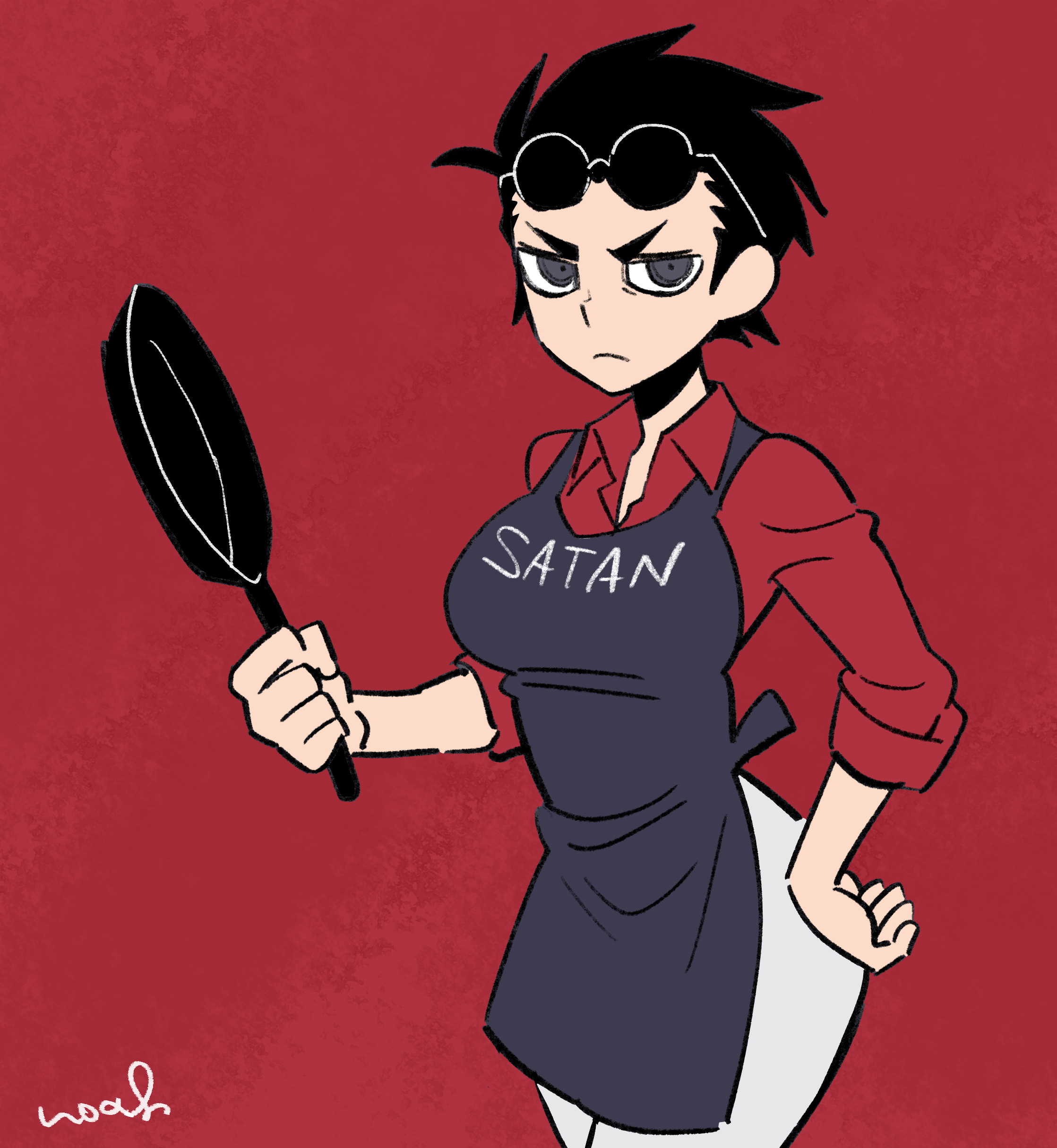 noah (tettsui-sole), helltaker (character), helltaker, absurdres, commentary, highres, symbol-only commentary, 1girl, annoyed, apron, black apron, black eyes, black hair, cowboy shot, english text, eyewear on head, frown, frying pan, genderswap, genderswap (mtf), grey eyes, hand on own hip, holding, holding frying pan, pants, red background, red shirt, shirt, short hair, signature, solo, sunglasses, thick eyebrows, v-shaped eyebrows, very short hair, white pants