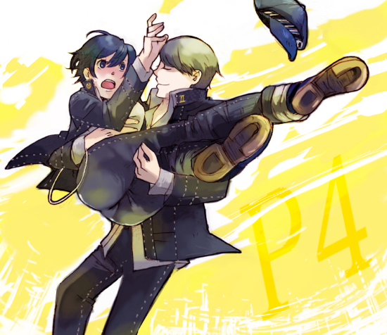 kazuki (kazu-king), narukami yu, shirogane naoto, atlus, persona, persona 4, silver hair, bad id, bad pixiv id, 1boy, 1girl, androgynous, ass, blue hair, carrying, couple, hat, hetero, newsboy cap, princess carry, reverse trap, short hair