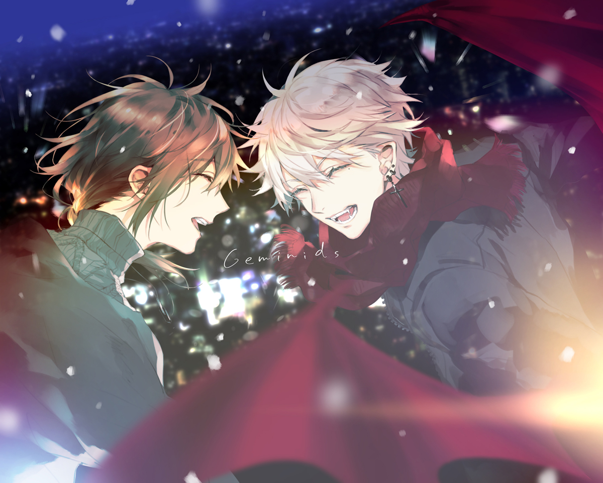 akke (akke299), kanae (nijisanji), kuzuha (nijisanji), nijisanji, official art, 2boys, ^ ^, bat wings, black jacket, blurry, blurry foreground, brown hair, closed eyes, ear piercing, earrings, english text, fangs, grey sweater, jacket, jewelry, laughing, long hair, low ponytail, male focus, mole, mole under eye, multiple boys, night, open mouth, piercing, pointy ears, ponytail, red scarf, red wings, ribbed sweater, scarf, short hair, smile, snow, snowing, sweater, title, turtleneck, turtleneck sweater, upper body, vampire, virtual youtuber, white hair, wings, winter clothes