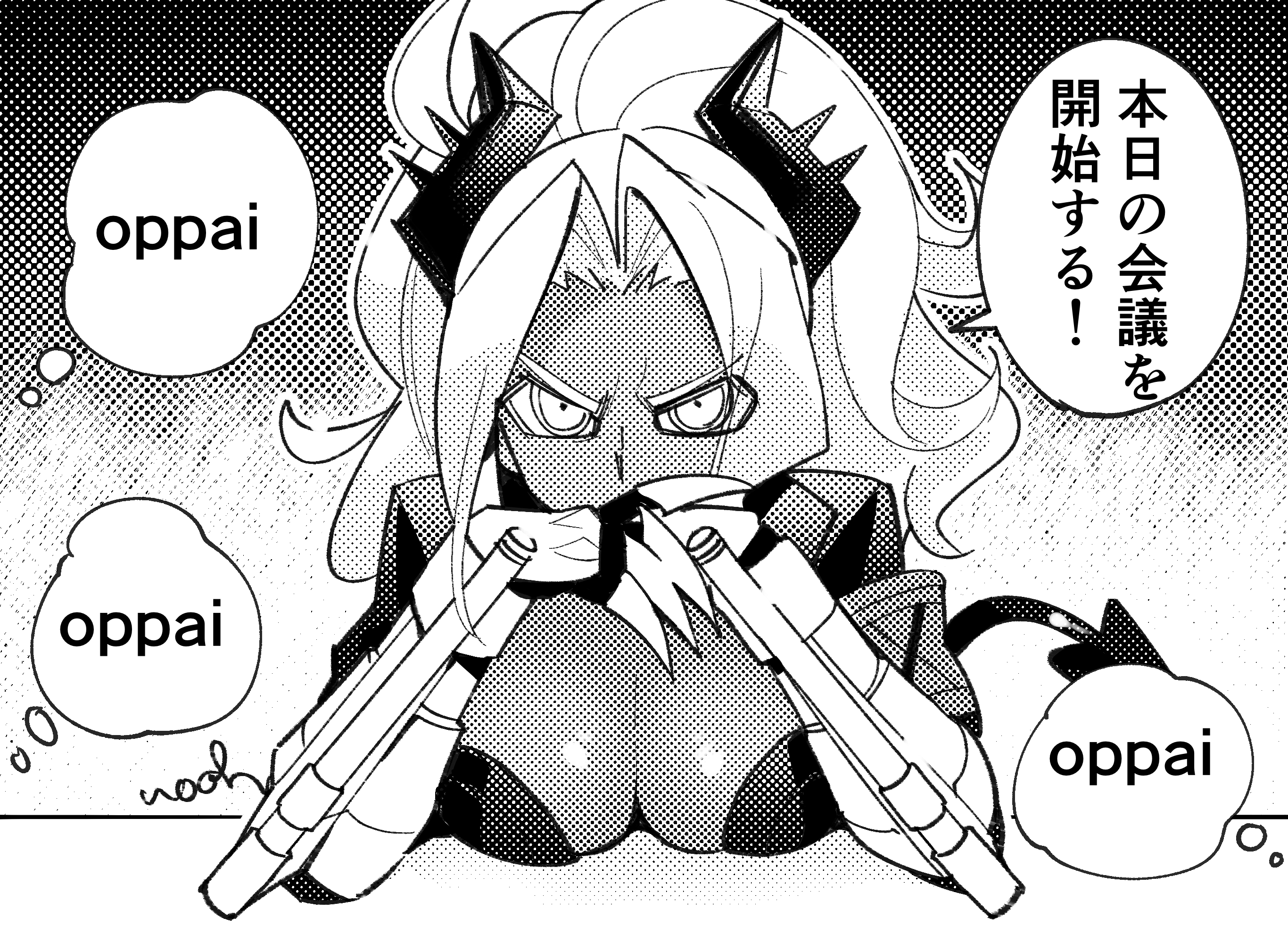 noah (tettsui-sole), judgement (helltaker), helltaker, commentary request, highres, translation request, 1girl, breasts, cleavage, dark-skinned female, dark skin, demon girl, gauntlets, greyscale, horns, large breasts, looking at viewer, monochrome, solo, speech bubble, thought bubble