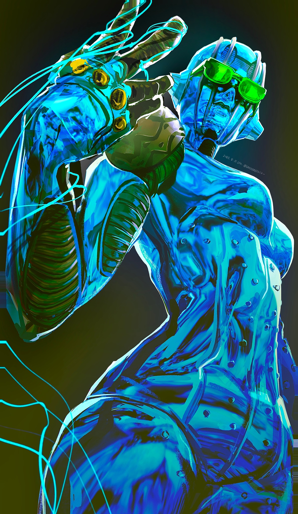 uu0000322, stone free, jojo no kimyou na bouken, stone ocean, highres, 1other, breasts, from below, green-tinted eyewear, looking at viewer, medium breasts, metal skin, no humans, open hand, other focus, robot, solo, stand (jojo), string, sunglasses, tinted eyewear
