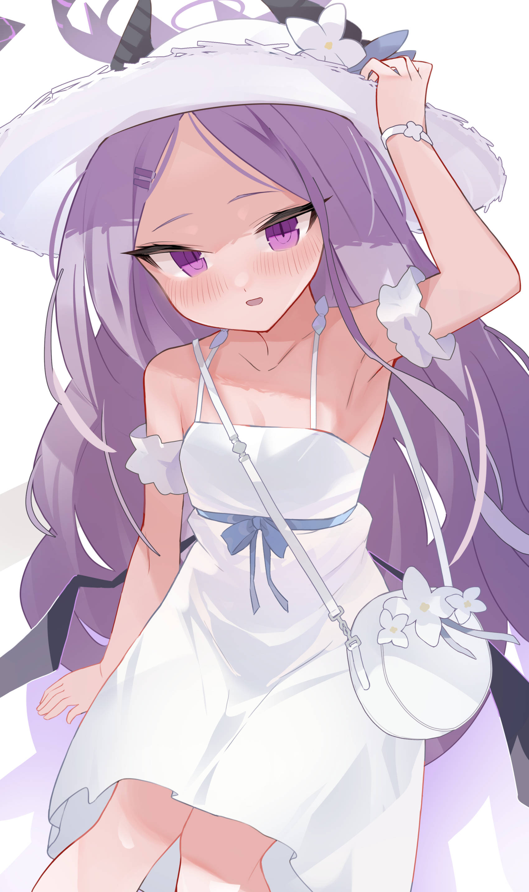 ura ra1800, hina (blue archive), blue archive, absurdres, commentary request, highres, 1girl, :d, adjusting clothes, adjusting headwear, ahoge, alternate costume, armpits, bag, black halo, bracelet, casual, collarbone, demon girl, demon horns, demon wings, detached sleeves, dress, flower, forehead, hair ornament, hairclip, halo, handbag, hat, hat flower, head tilt, horns, jewelry, long hair, looking at viewer, open mouth, parted bangs, purple eyes, short sleeves, sidelocks, simple background, smile, solo, spaghetti strap, straw hat, sun hat, sundress, wavy hair, white background, white dress, white hair, wings
