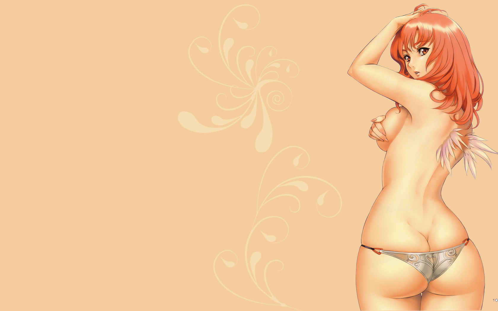eiwa, highres, 1girl, ass, breasts, butt crack, covering breasts, covering privates, female focus, looking back, nail polish, orange eyes, orange hair, panties, red nails, small breasts, solo, topless female, underwear, white background, wings