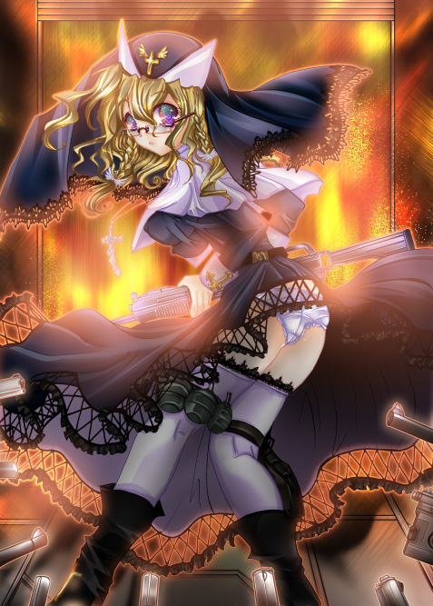 sakayaki (burning soul), 1girl, blonde hair, cross, female focus, glasses, gun, nun, panties, solo, thighhighs, underwear, weapon