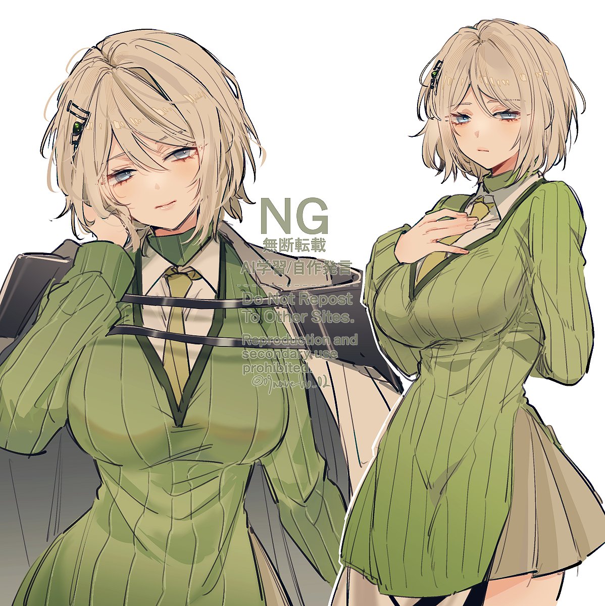 faust (project moon), kal'tsit (arknights), arknights, limbus company, project moon, highres, 1girl, arm behind back, blue eyes, breasts, closed mouth, coat, coat on shoulders, collared shirt, command:meltdown (e.g.o), cosplay, dress, dress over shirt, e.g.o (project moon), facing viewer, green dress, hair between eyes, hair ornament, hand on own cheek, hand on own chest, hand on own face, kal'tsit (arknights) (cosplay), large breasts, looking at viewer, multiple views, necktie, ribbed dress, ribbed sweater, shirt, short hair, simple background, solo, sweater, sweater dress, vx7givcony78710, watermark, white background, white coat, white hair, white shirt, yellow necktie