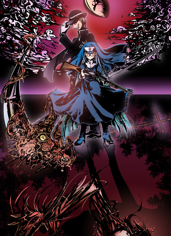 sakayaki (burning soul), habit, 1boy, 1girl, blue hair, coif, cross, gun, hat, long hair, nun, scythe, very long hair, weapon