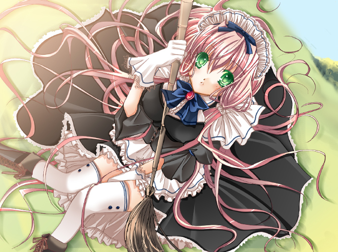 sakayaki (burning soul), 1girl, broom, female focus, gloves, green eyes, long hair, maid, pink hair, solo, thighhighs, very long hair