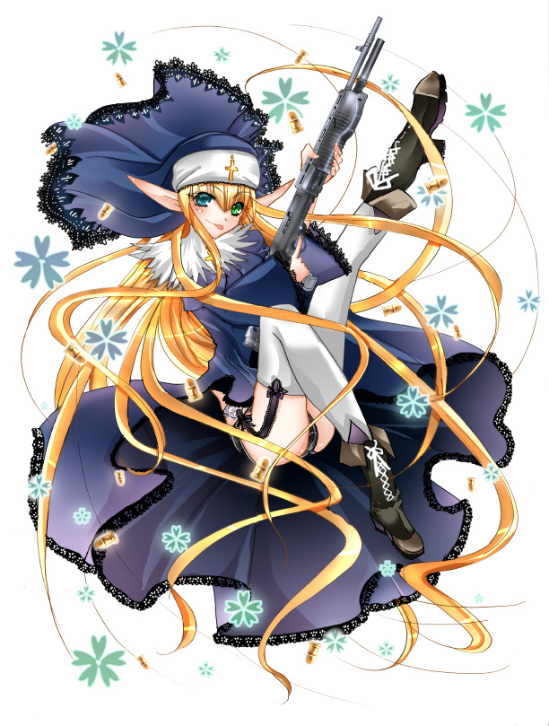 sakayaki (burning soul), 1girl, combat shotgun, cross, dual-mode shotgun, female focus, garter belt, gun, nun, panties, pointy ears, pump-action shotgun, pump action, semi-automatic shotgun, shotgun, solo, spas-12, thighhighs, tongue, underwear, weapon