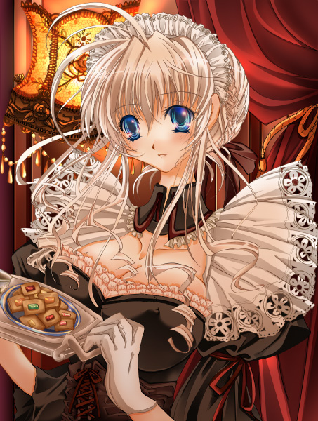 sakayaki (burning soul), 1girl, blonde hair, blue eyes, breasts, cleavage, female focus, food, gloves, large breasts, maid, solo, tray