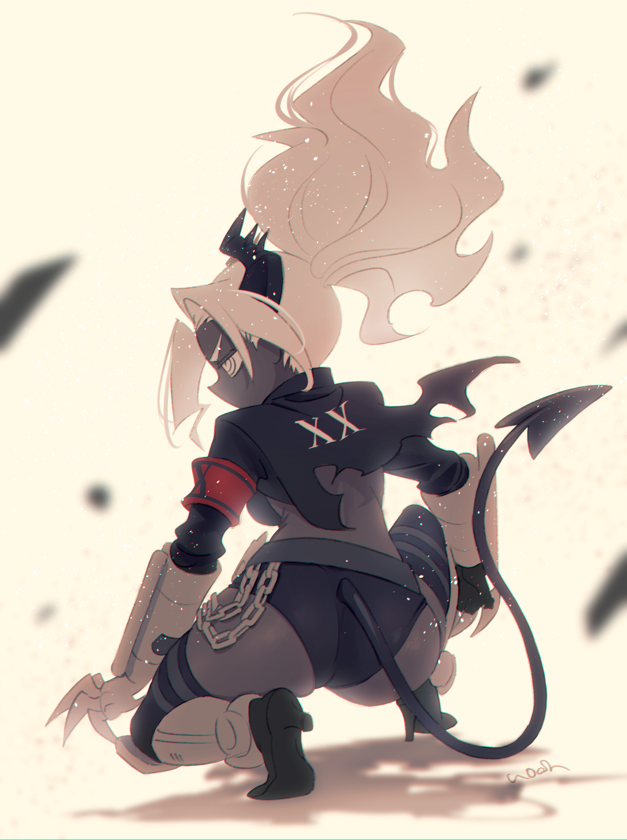 noah (tettsui-sole), judgement (helltaker), helltaker, absurdres, commentary request, highres, 1girl, armband, ass, belt, black panties, breasts, chain, colored skin, cropped jacket, dark-skinned female, dark skin, demon girl, demon horns, demon tail, floating hair, gauntlets, grey belt, grey eyes, grey skin, high heels, horns, long hair, long sleeves, medium breasts, panties, ponytail, profile, red armband, skindentation, solo, tail, thighhighs, underwear, white hair