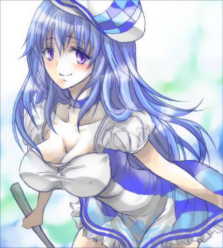 arin (pangya), pangya, light, lowres, 1girl, blue hair, breasts, cleavage, dress, female focus, hat, large breasts, long hair, purple eyes, solo