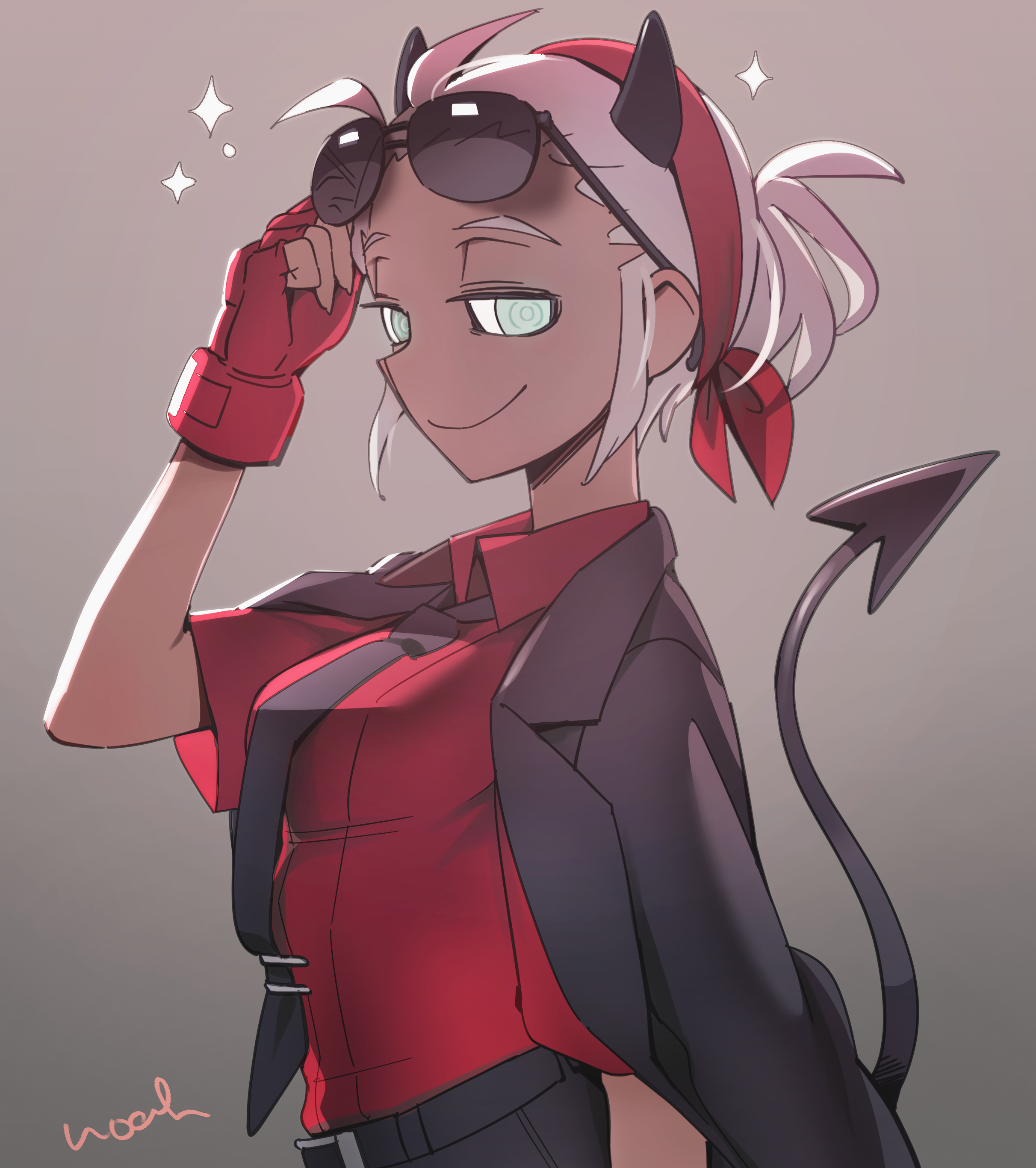 noah (tettsui-sole), justice (helltaker), helltaker, absurdres, commentary, highres, 1girl, black horns, black jacket, black necktie, black pants, blind, blush, collared shirt, cowboy shot, demon girl, demon horns, demon tail, eyewear on head, gloves, gradient background, grey background, grey hair, hairband, horns, jacket, jacket on shoulders, looking at viewer, necktie, pants, red hairband, red shirt, shirt, short hair, smile, solo, sparkle, sunglasses, tail, twitter username