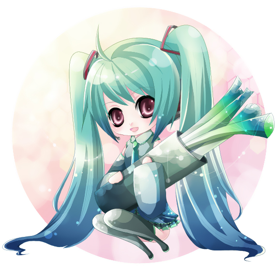 mireisaki, hatsune miku, kooh (pangya), pangya, vocaloid, bad id, bad pixiv id, 1girl, aqua hair, blush, chibi, cosplay, female focus, hatsune miku (cosplay), long hair, red eyes, ribbon, solo, spring onion, twintails