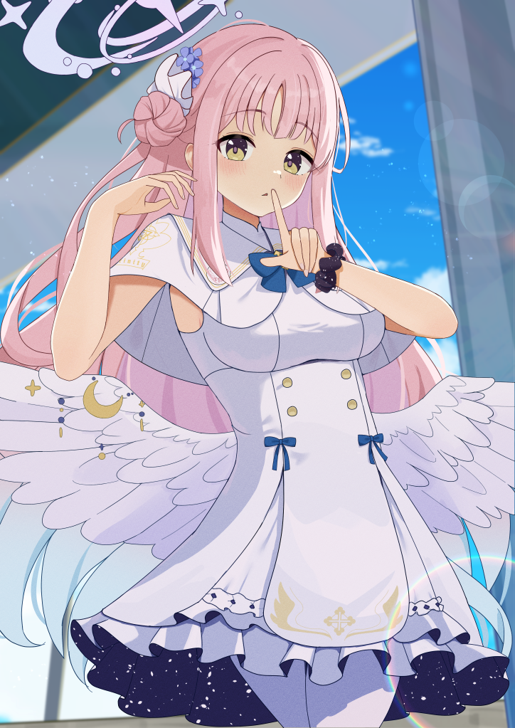 aomi wool, mika (blue archive), blue archive, 1girl, angel wings, aqua hair, blue bow, blush, bow, breasts, capelet, dress, feathered wings, flower, frilled dress, frills, gold trim, gradient hair, hair bun, hair flower, hair ornament, long hair, looking at viewer, low wings, medium breasts, multicolored hair, pantyhose, parted lips, single hair bun, single side bun, sleeveless, sleeveless dress, solo, very long hair, white capelet, white pantyhose, white wings, wing ornament, wings, wrist cuffs, yellow eyes