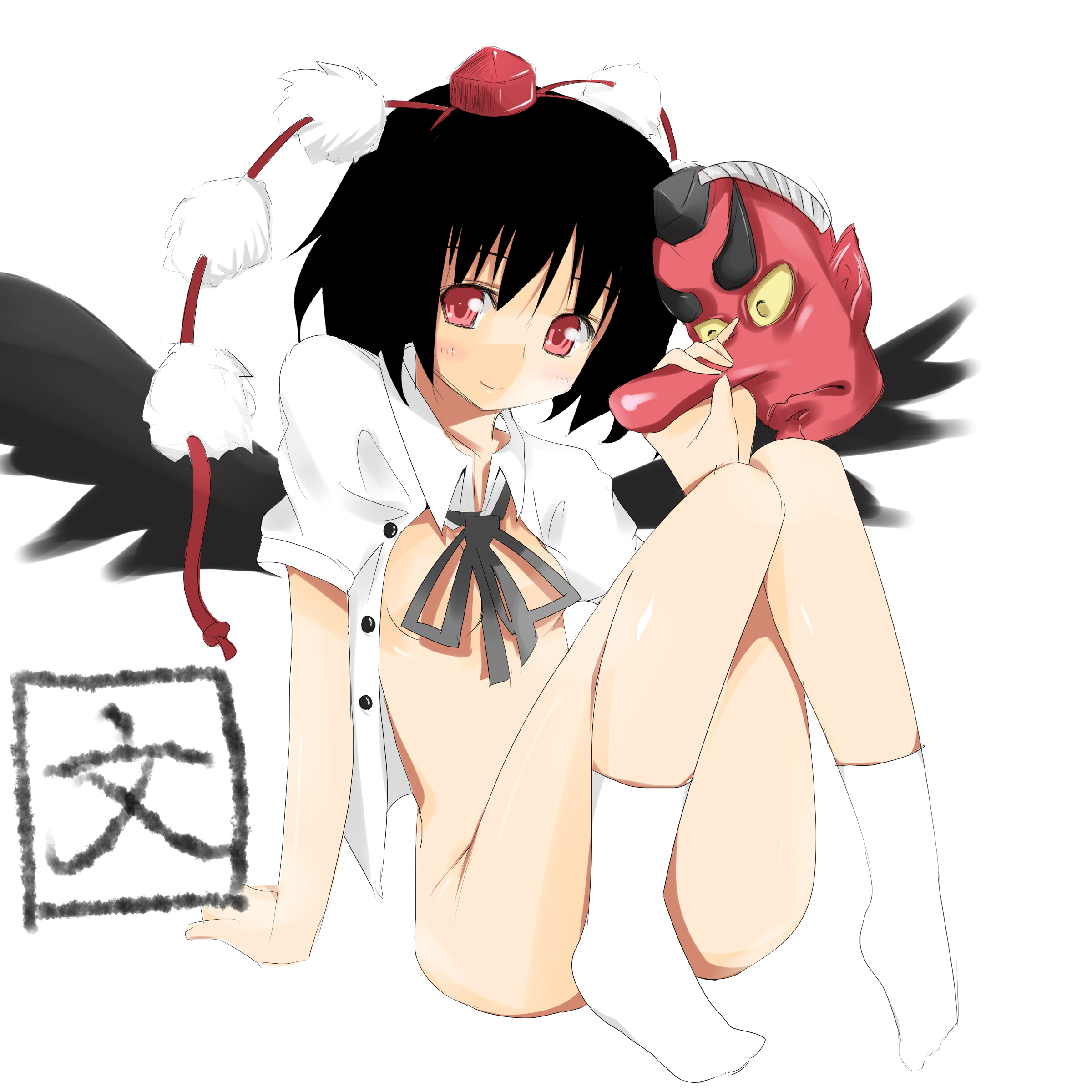 akesaka iku, shameimaru aya, touhou, absurdres, highres, 1girl, black hair, black wings, female focus, hat, mask, nude, ribbon, sexually suggestive, short hair, solo, tengu mask, wings