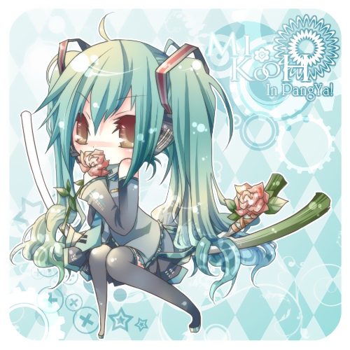 arima (arcadicauto), hatsune miku, kooh (pangya), pangya, vocaloid, lowres, md5 mismatch, 1girl, aqua hair, chibi, cosplay, female focus, flower, hatsune miku (cosplay), long hair, red eyes, ribbon, rounded corners, skirt, solo