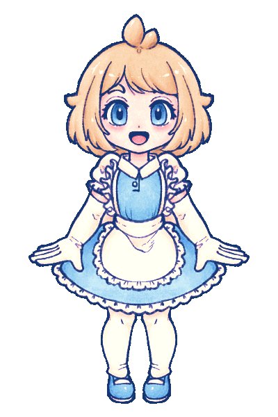thatartistann, original, 1girl, ahoge, apron, blonde hair, blue dress, blue eyes, blue outline, blue sandals, buttons, collared dress, dress, elbow gloves, frilled apron, frilled dress, frills, full body, gloves, light blush, looking at viewer, maid, maid apron, open mouth, outline, pantyhose, puffy short sleeves, puffy sleeves, sandals, short hair, short sleeves, simple background, smile, solo, straight-on, white apron, white background, white gloves, white pantyhose