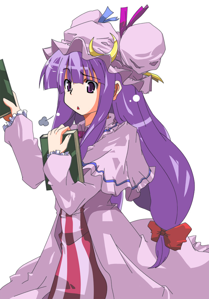 sasurai, patchouli knowledge, touhou, 1girl, book, female focus, hat, long hair, mob cap, purple hair, ribbon, simple background, solo, standing, white background
