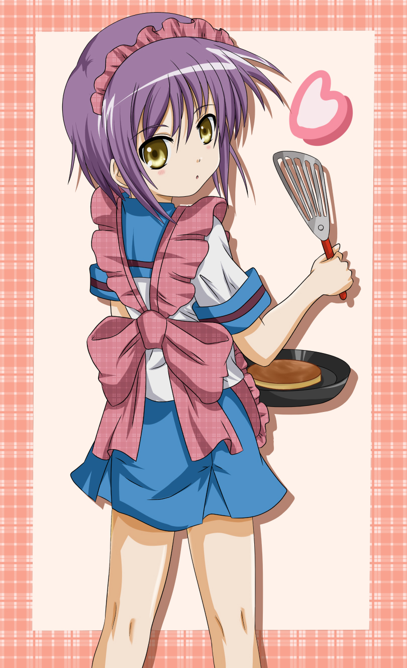 takumi (rozen garten), nagato yuki, suzumiya haruhi no yuuutsu, highres, 00s, 1girl, apron, female focus, frying pan, heart, school uniform, serafuku, short hair, solo, spatula, standing