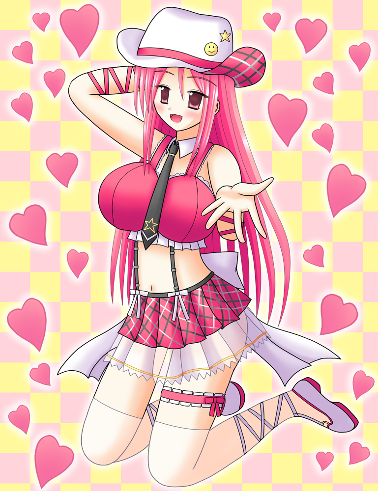 lucia, lucia (pangya), pangya, 1girl, arm behind back, breasts, detached collar, female focus, frilled thigh strap, hat, long hair, pink eyes, pink hair, plaid clothes, plaid skirt, reaching, reaching towards viewer, ribbon, skirt, small breasts, socks, solo, thigh strap, thighhighs