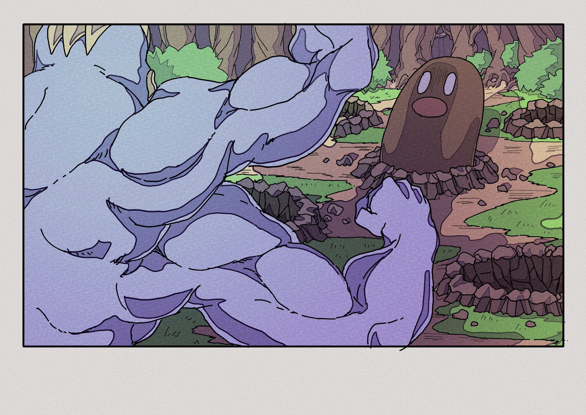 onamuzi illust, diglett, machamp, nintendo, pokemon, highres, bush, dirt, extra arms, gen 1 pokemon, hole, muscular, no humans, o o, outdoors, pokemon (creature), pokemon focus, scared