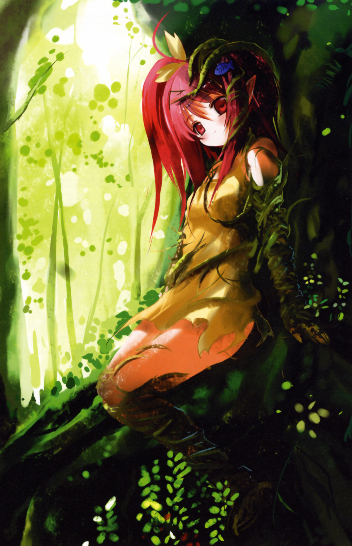 shino (eefy), highres, tagme, nature, pointy ears, red eyes, red hair, solo