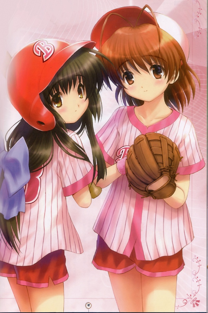 goto p, furukawa nagisa, ibuki fuuko, clannad, 00s, 2girls, antenna hair, baseball, baseball bat, baseball cap, baseball glove, baseball helmet, baseball uniform, black hair, brown eyes, brown hair, clothes writing, gym shorts, hat, helmet, long hair, multiple girls, short hair, shorts, sportswear, yellow eyes