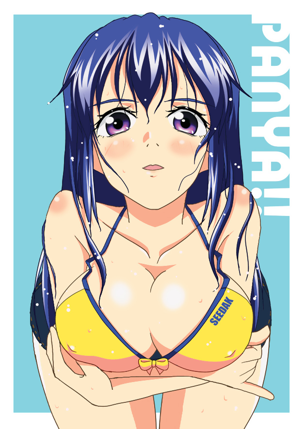 arin (pangya), pangya, bikini, blue hair, blush, breasts, breasts squeezed together, cleavage, huge breasts, purple eyes, smile, solo, swimsuit, yellow bikini