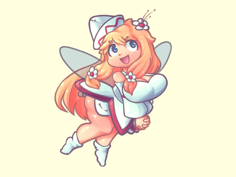 thatartistann, lily white, touhou, 1girl, bare shoulders, blonde hair, boots, breasts, cleavage, dress, fairy wings, flower, hair flower, hair ornament, hat, large breasts, open mouth, red trim, simple background, smile, solo, thick thighs, thighs, white boots, white dress, white flower, white hat, wings, yellow background