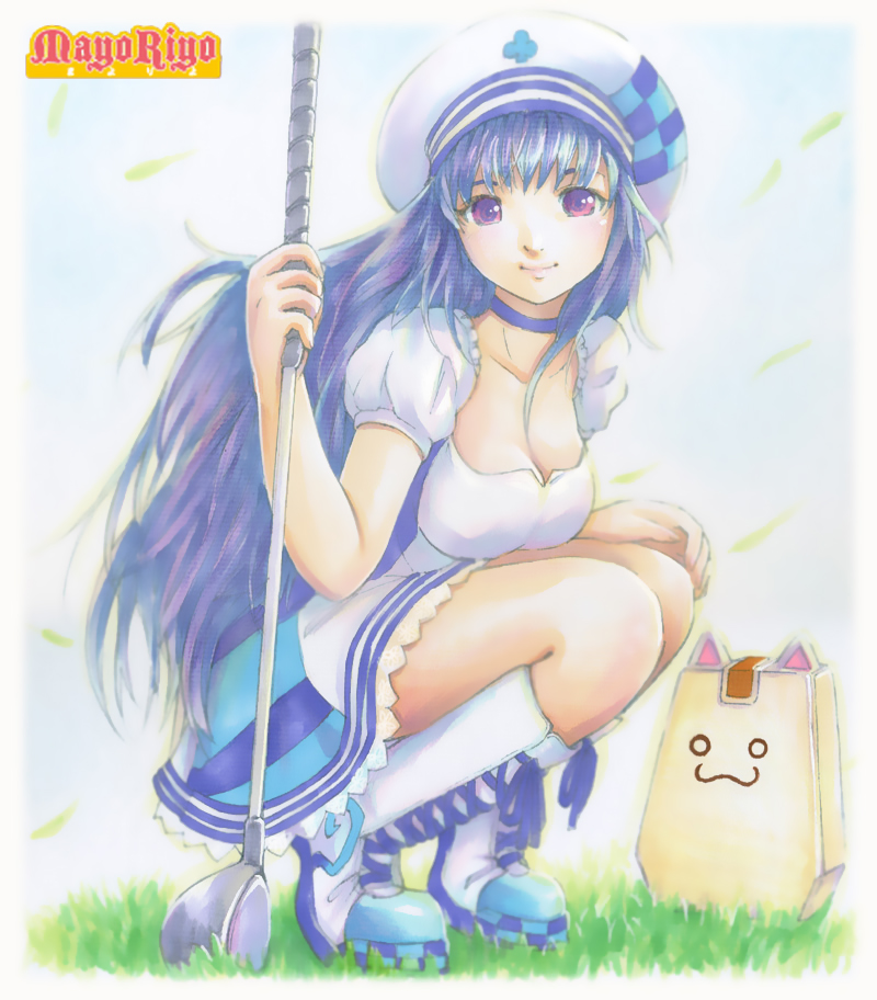 mayo riyo, arin (pangya), papel (pangya), pangya, 1girl, :3, blue hair, boots, breasts, cleavage, dress, female focus, golf club, hat, long hair, purple eyes, small breasts, smile, solo, squatting