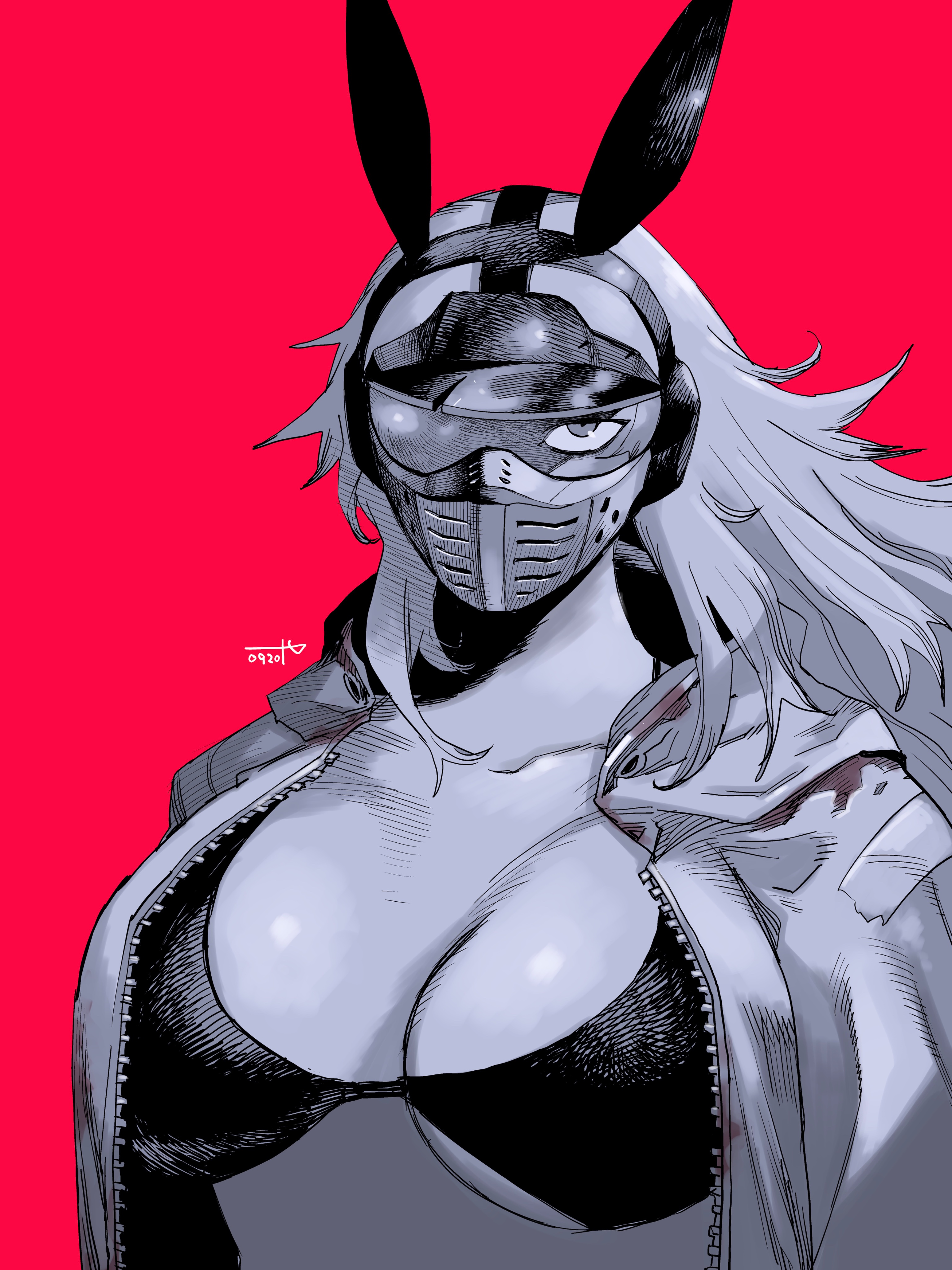 manabu yashiro, nikaidou (dorohedoro), dorohedoro, absurdres, highres, 1girl, animal ears, bra, breasts, cleavage, coat, cropped jacket, fake animal ears, greyscale, greyscale with colored background, hands in pockets, hat, jacket, large breasts, limited palette, lingerie, long hair, looking at viewer, mask, medium breasts, midriff, monochrome, navel, pants, rabbit ears, signature, simple background, solo, underwear, upper body, white hair