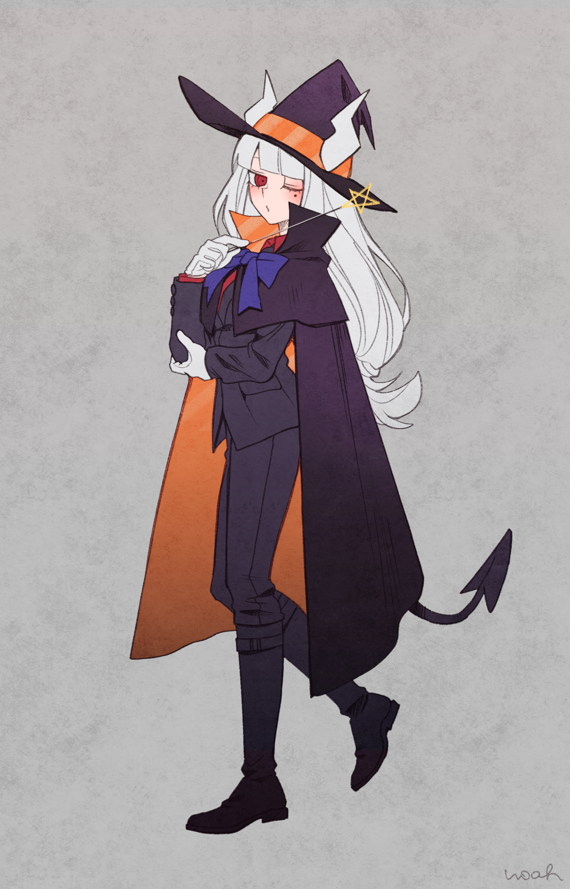 noah (tettsui-sole), lucifer (helltaker), helltaker, absurdres, bad source, highres, 1girl, artist name, blue bow, blue bowtie, bow, bowtie, cape, demon tail, full body, gloves, halloween, hat, holding, holding wand, horns, looking at viewer, mole, mole under eye, one eye closed, purple cape, purple hat, red eyes, simple background, solo, tail, wand, white gloves, witch hat