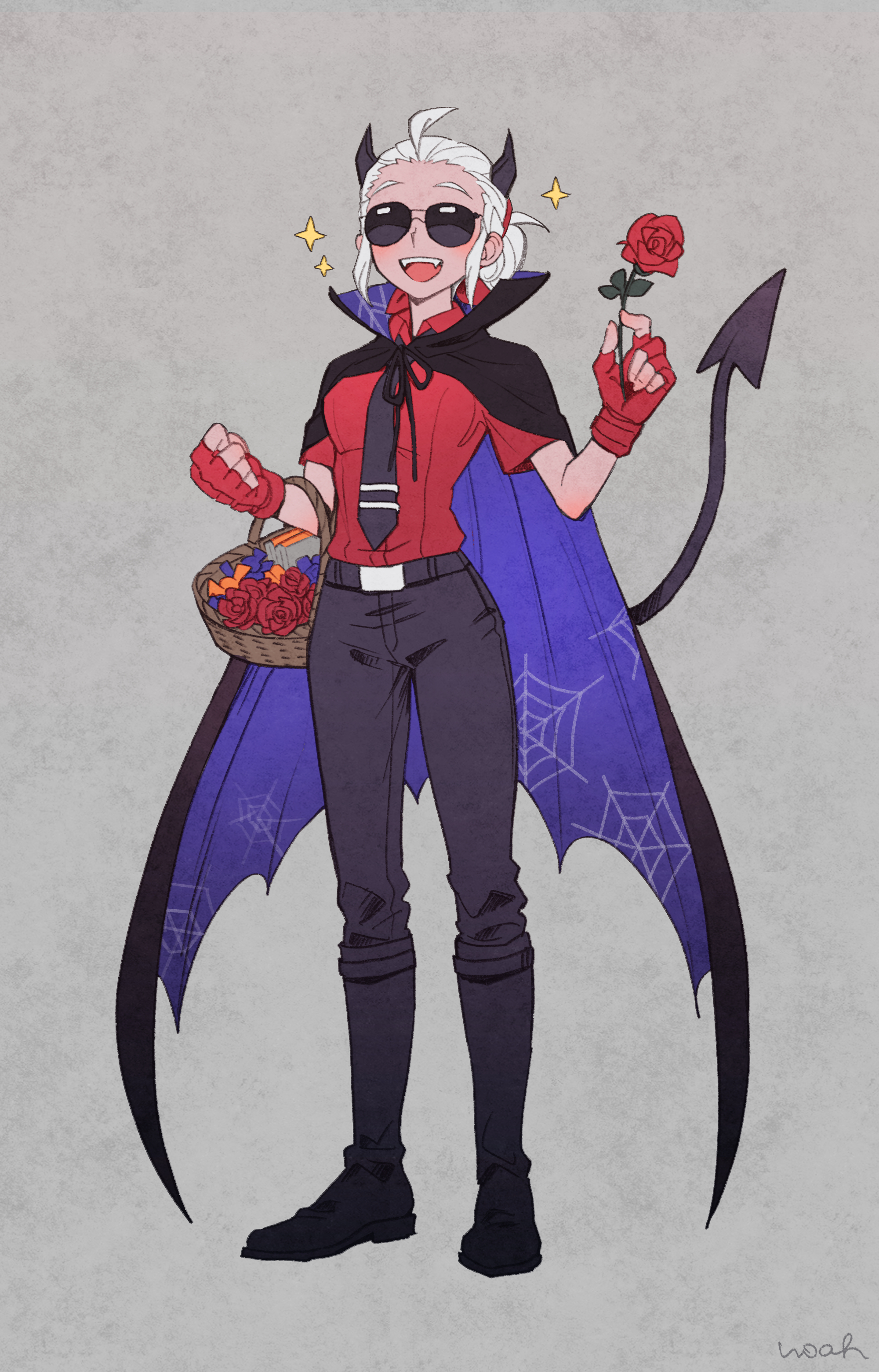 noah (tettsui-sole), justice (helltaker), helltaker, absurdres, bad source, commentary request, highres, 1girl, artist name, basket, black boots, black cape, black necktie, boots, cape, demon tail, elbow carry, fangs, fingerless gloves, flower, full body, glasses, gloves, halloween, holding, holding basket, holding flower, horns, looking at viewer, necktie, open mouth, red flower, red gloves, red rose, red shirt, rose, shirt, short hair, short sleeves, smile, solo, tail, teeth, upper teeth only, white hair