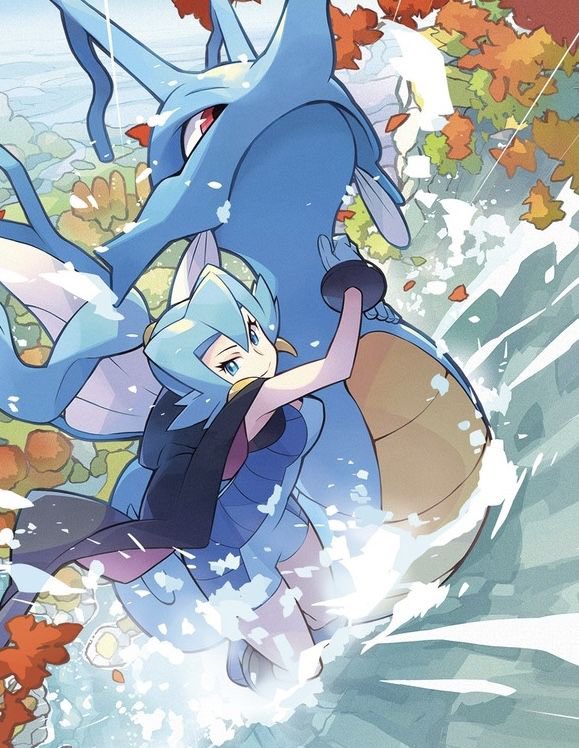 light 88, clair (pokemon), kingdra, nintendo, pokemon, pokemon hgss, 1girl, autumn, black cape, blue bodysuit, blue eyes, blue hair, bodysuit, breasts, cape, dragon, earrings, gen 2 pokemon, high ponytail, hug, jewelry, long hair, outdoors, ponytail, water, waterfall