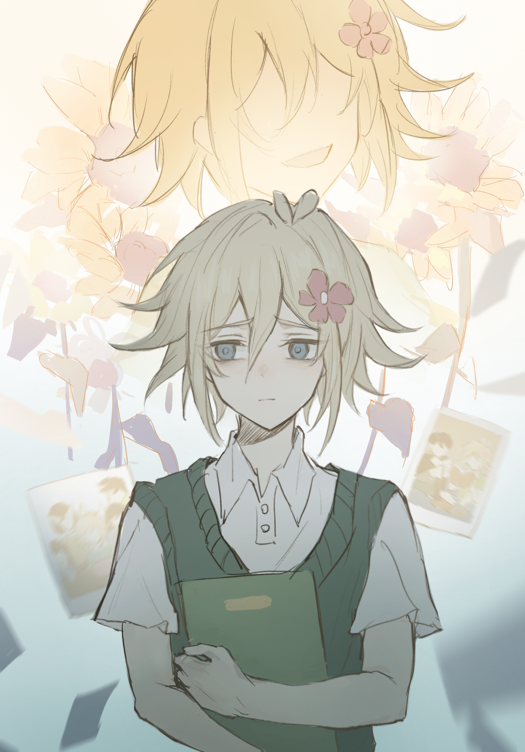 basil (faraway) (omori), basil (omori), omori, chinese commentary, commentary request, highres, 1boy, :d, antenna hair, aqua background, blonde hair, bloom, blue eyes, book, buttons, closed mouth, collared shirt, double-parted bangs, facing viewer, flipped hair, flower, gradient background, green sweater vest, hair between eyes, hair flower, hair ornament, holding, holding book, hugging book, hugging object, judicious32456, male focus, multiple views, open mouth, photo (object), raised inner eyebrows, red flower, shirt, short hair, short sleeves, sidelocks, simple background, smile, straight-on, sunflower, sweater vest, two-tone background, upper body, white background, white shirt