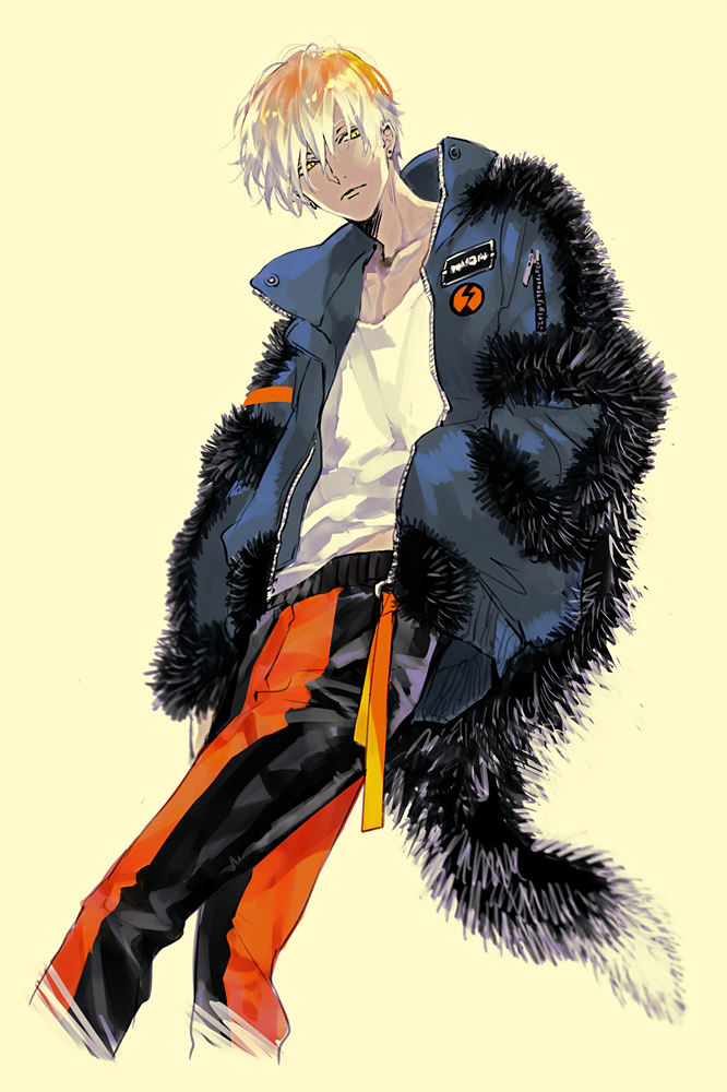 akke (akke299), original, 1boy, belt, black coat, black pants, blonde hair, closed mouth, coat, collarbone, cropped legs, dark-skinned male, dark skin, earrings, feet out of frame, fur-trimmed coat, fur trim, hair between eyes, hands in pockets, jewelry, long sleeves, looking at viewer, male focus, multicolored pants, necklace, open clothes, open coat, orange pants, pants, shirt, short hair, simple background, solo, standing, white shirt, yellow background, yellow eyes, zipper