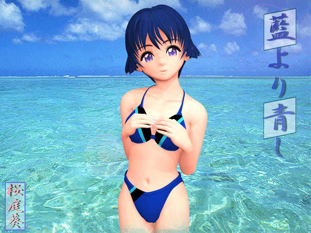 sakuraba aoi, ai yori aoshi, non-web source, 1girl, 3d, beach, bikini, blue hair, breasts, cloud, day, female focus, navel, ocean, outdoors, partially submerged, purple eyes, short hair, sky, solo, standing, swimsuit, water