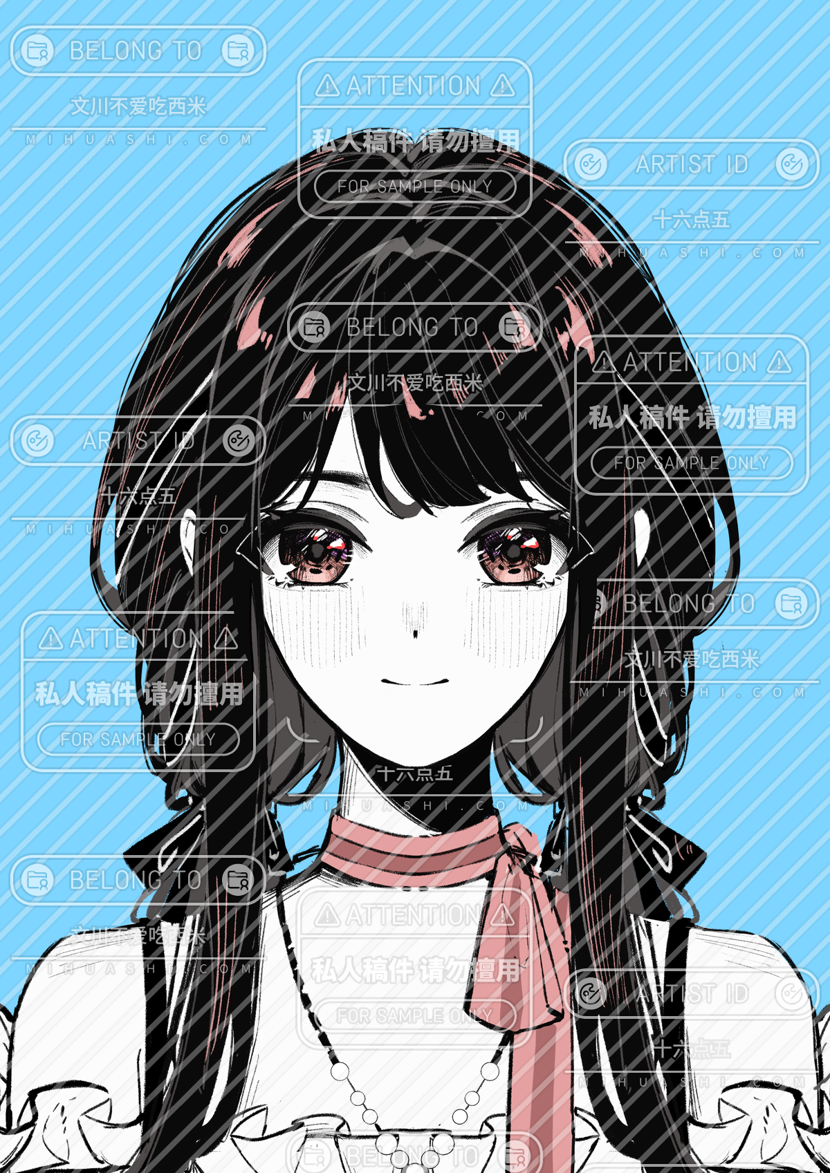 nikki (nikki), perfect start (infinity nikki), infinity nikki, nikki (series), artist request, commission, highres, second-party source, alternate hair color, bare shoulders, bead necklace, beads, black bow, black hair, black ribbon, blue background, blunt bangs, bow, bow choker, bowtie, bra strap, brown eyes, choker, closed mouth, dot nose, eyelashes, frilled shirt, frills, hair bow, hair over shoulder, hair ribbon, happy, jewelry, light blush, long hair, low twintails, necklace, off-shoulder shirt, off shoulder, pale skin, pink bow, pink bowtie, pink choker, ribbon, sample watermark, shirt, simple background, single stripe, smile, striped bow, striped bowtie, striped choker, striped clothes, too many, tress ribbon, twintails, watermark, watermark grid, white shirt